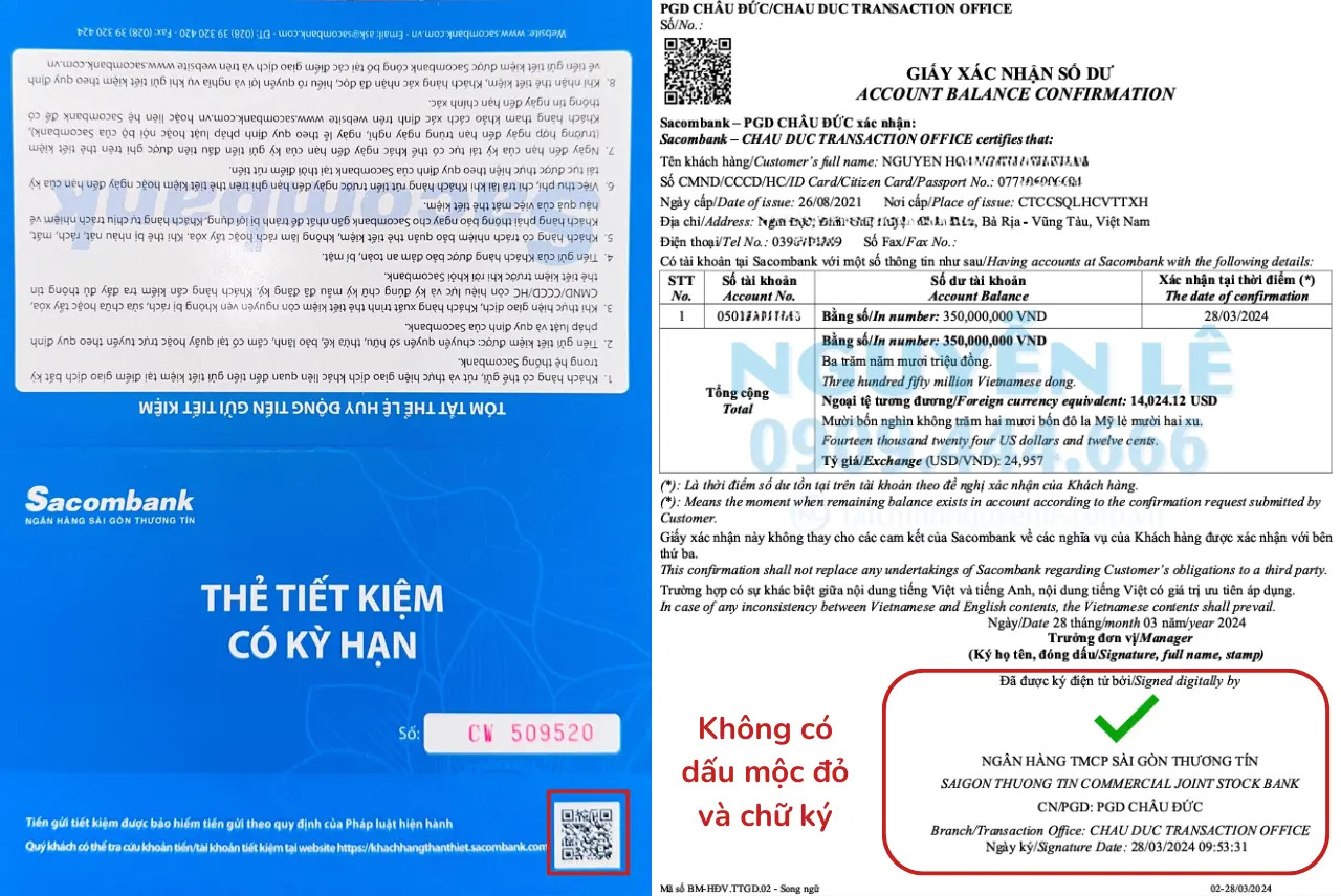 Sổ tiết kiệm và giấy xác nhận số dư tài khoản (Bản gốc và bản sao công chứng)